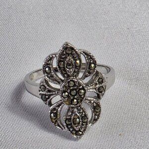 Vintage Maja Marcasite Ring Silver Tone & Black Thailand Size 7